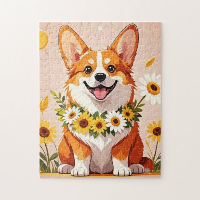 Corgi dog crown of sunflowers wall art decor  jigsaw puzzle (Vertical)