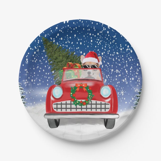 Corgi Dog Driving Car In Snow Christmas  Paper Plate (Front)
