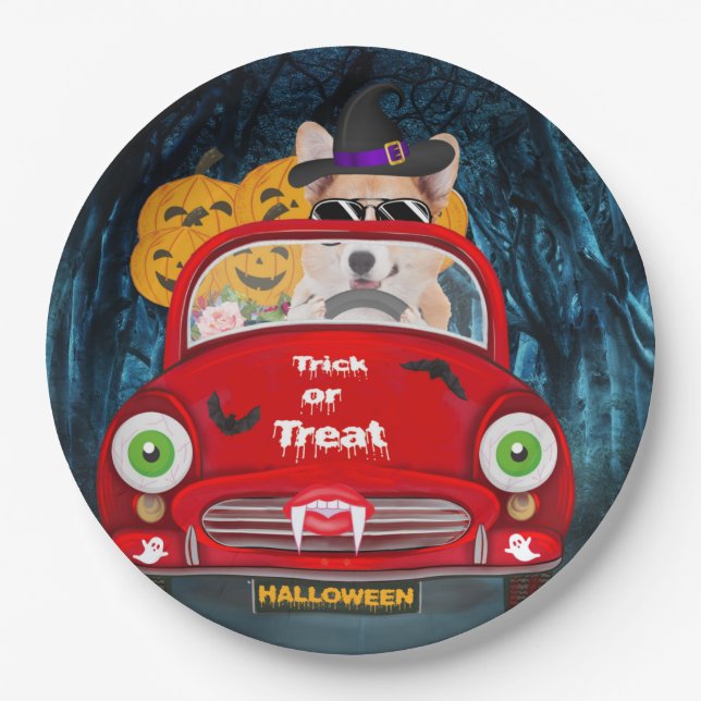 Corgi Dog Driving Car Scary Halloween  Paper Plate (Front)