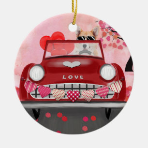 Corgi Dog Driving Car with Hearts Valentine's   Ceramic Tree Decoration