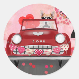 Corgi Dog Driving Car with Hearts Valentine's   Classic Round Sticker