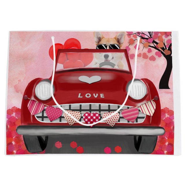 Corgi Dog Driving Car with Hearts Valentine's   Large Gift Bag (Front)