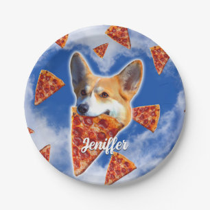 Corgi Dog Eating Pizza                             Paper Plate