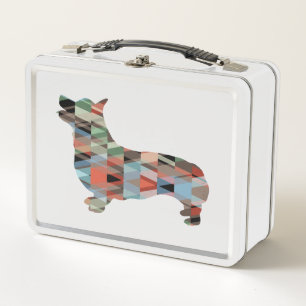 Corgi Dog Geometric Pattern Silhouette Plaid Metal Lunch Box