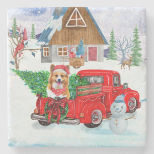 Corgi Dog In Christmas Delivery Truck Snow Stone Coaster