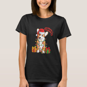 Corgi Dog In Santa Hat Sitting Christmas Tree Ligh T-Shirt