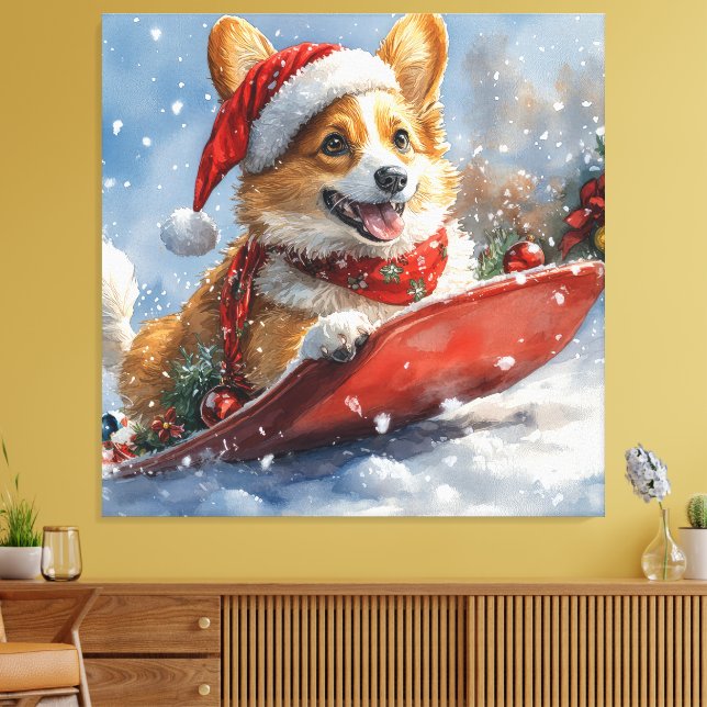 Corgi Dog in Sledge Let it Snow Christmas Canvas Print (Insitu(LivingRoom))