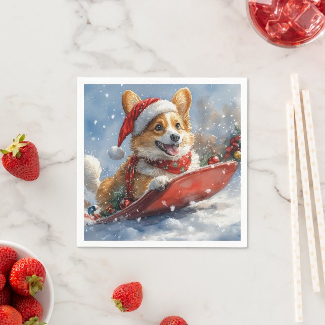 Corgi Dog in Sledge Let it Snow Christmas Napkin (Insitu)