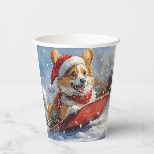 Corgi Dog in Sledge Let it Snow Christmas Paper Cups (Front)