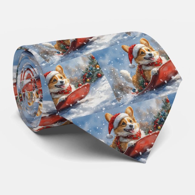 Corgi Dog in Sledge Let it Snow Christmas Tie (Rolled)