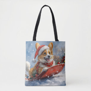 Corgi Dog in Sledge Let it Snow Christmas Tote Bag