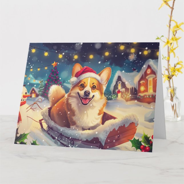 Corgi Dog in Sleigh Snow Christmas Card (Yellow Flower)