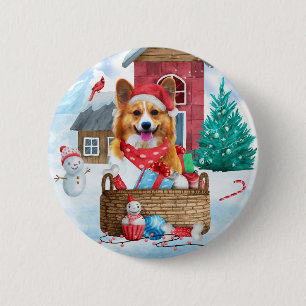 Corgi Dog In snow Christmas Dog House 6 Cm Round Badge