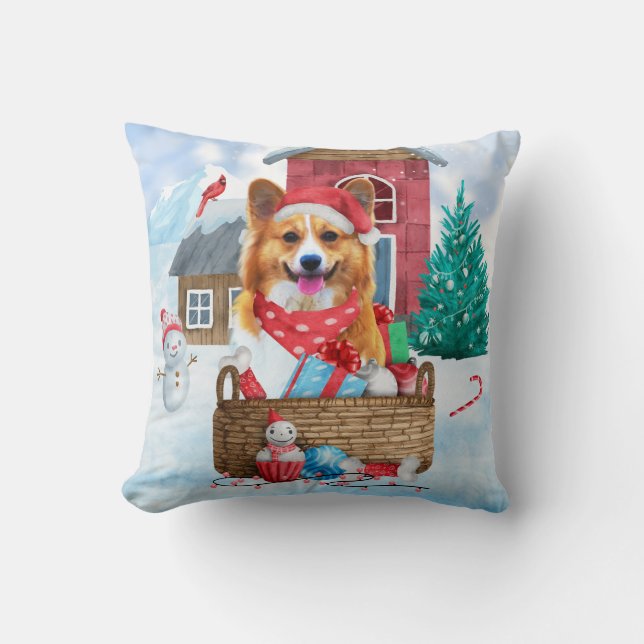 Corgi Dog In snow Christmas Dog House Cushion (Front)