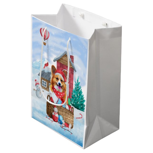 Corgi Dog In snow Christmas Dog House Medium Gift Bag (Front Angled)