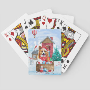 Corgi Dog In snow Christmas Dog House Playing Cards
