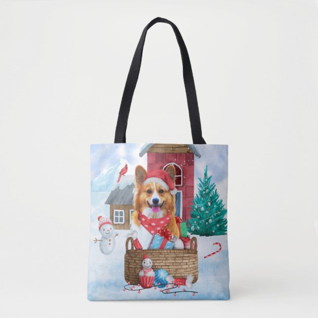 Corgi Dog In snow Christmas Dog House  Tote Bag (Front)