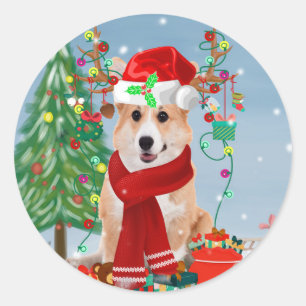 Corgi Dog in Snow with Christmas Gifts  Classic Round Sticker