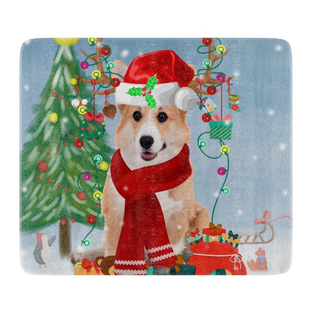 Corgi Dog in Snow with Christmas Gifts   Cutting Board (Front)