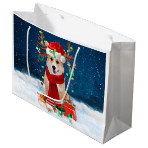Corgi Dog in Snow with Christmas Gifts Large Gift Bag
