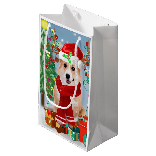 Corgi Dog in Snow with Christmas Gifts   Small Gift Bag (Front Angled)
