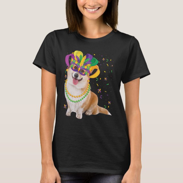 Corgi Dog Lover Mardi Gras Carnival Funny Mask Bea T-Shirt (Front)