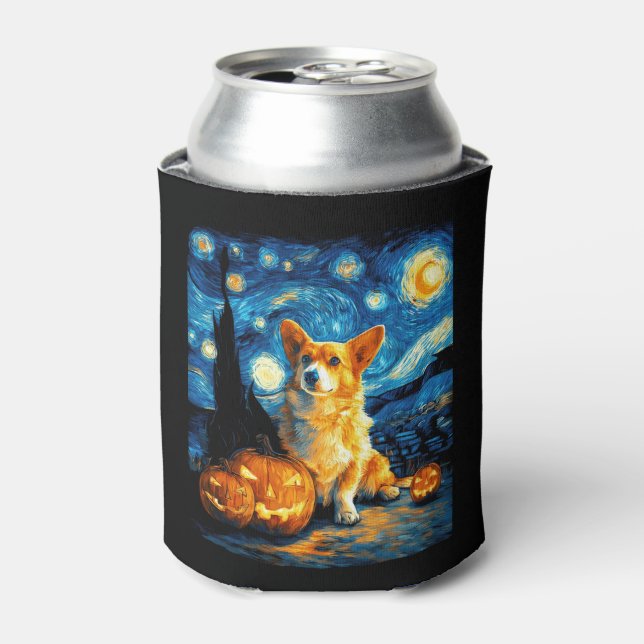 Corgi Dog Lovers Painting of van gogh starry night Can Cooler (Can Front)