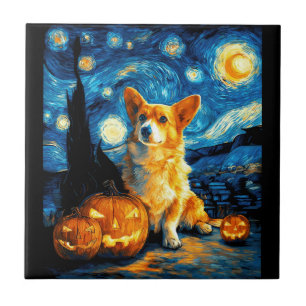 Corgi Dog Lovers Painting of van gogh starry night Tile