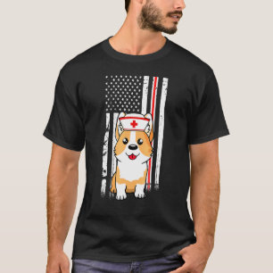 Corgi Dog Nurse American Flag Thin Red Line Apprec T-Shirt