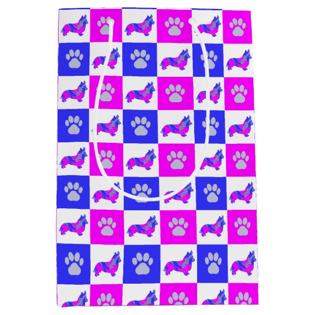 Corgi Dog & Paw Hot Pink & Blue Medium Gift Bag (Front)