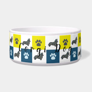 Corgi Dog & Paw Yellow & Blue Grid Dog Bowl