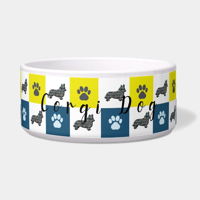 Corgi Dog & Paw Yellow & Blue Grid Dog Bowl (Front)