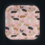 Corgi Dog Paws and Bones Paper Plates<br><div class="desc">Cute Corgi dogs with fawn,  red and tri coat colours with paw prints and dog bones pattern.</div>
