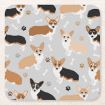 Corgi Dog Paws and Bones Square Paper Coaster<br><div class="desc">Cute Corgi dogs with fawn,  red and tri coat colours with paw prints and dog bones pattern.</div>