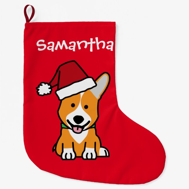 Corgi dog puppy Pembroke Welsh Christmas Santa hat Large Christmas Stocking (Front)