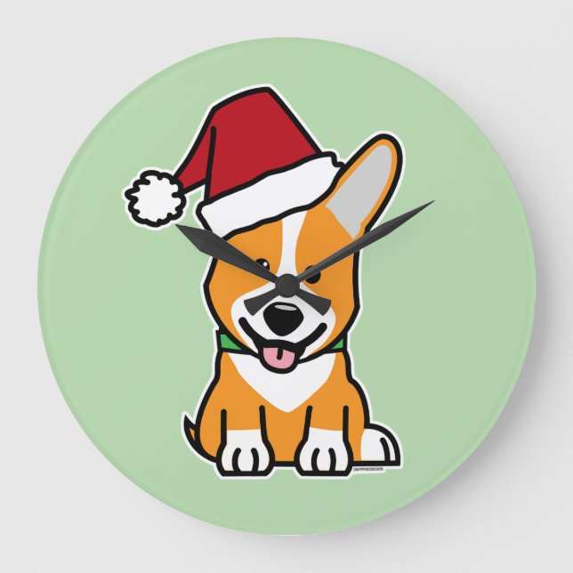Corgi dog puppy Pembroke Welsh Christmas Santa hat Large Clock (Front)