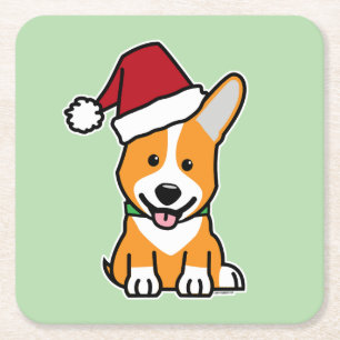 Corgi dog puppy Pembroke Welsh Christmas Santa hat Square Paper Coaster