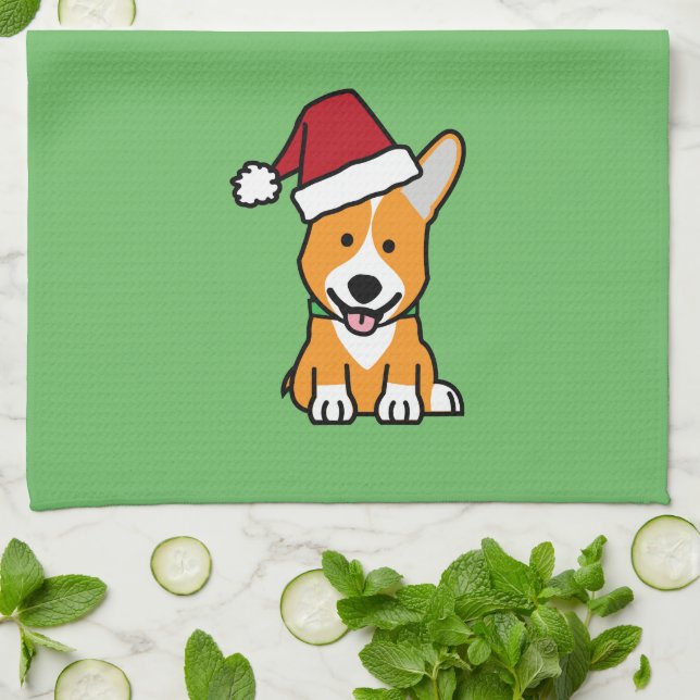 Corgi dog puppy Pembroke Welsh Christmas Santa hat Tea Towel (Folded)