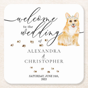 Corgi Dog Puppy Welcome to the wedding Square Paper Coaster