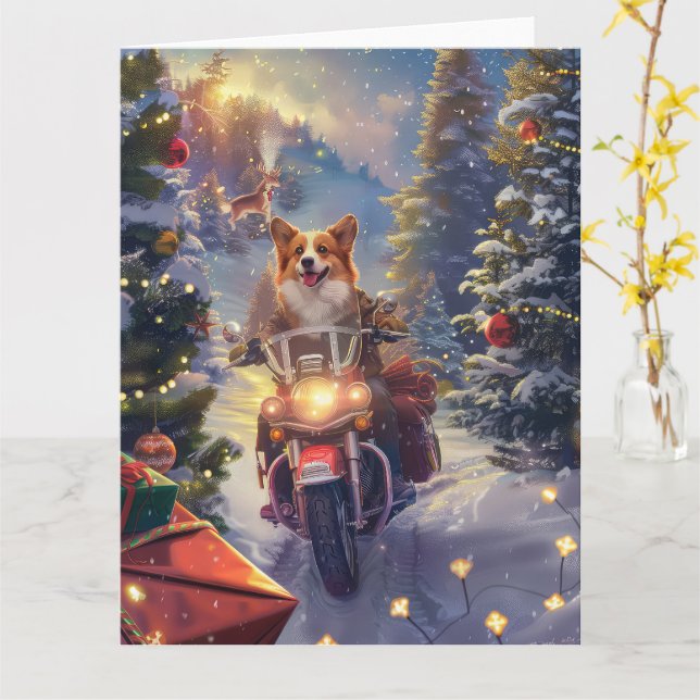 Corgi Dog Riding Motorcycle Christmas Card (Yellow Flower)