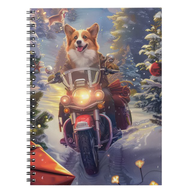 Corgi Dog Riding Motorcycle Christmas Notebook (Front)