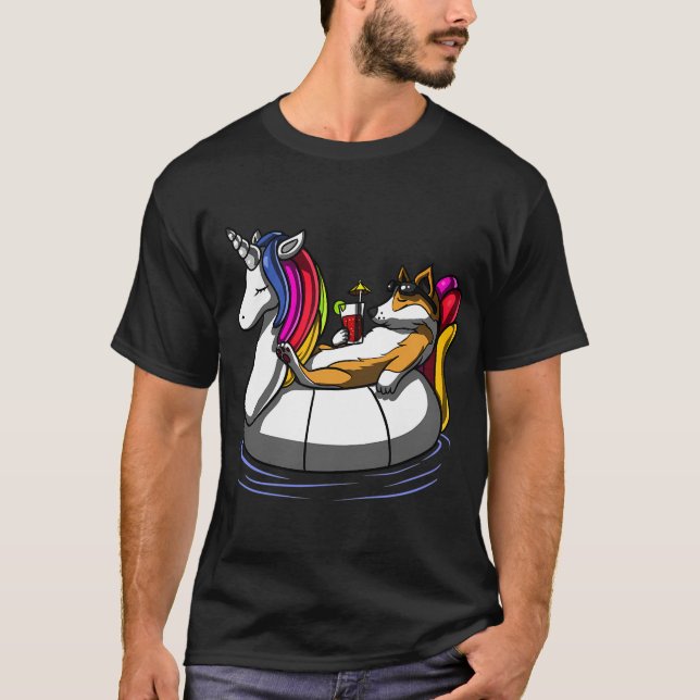 Corgi Dog Riding Unicorn Float T-Shirt (Front)