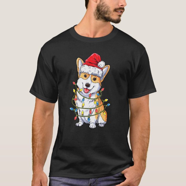 Corgi Dog Santa Hat Christmas Lights Dog Christmas T-Shirt (Front)