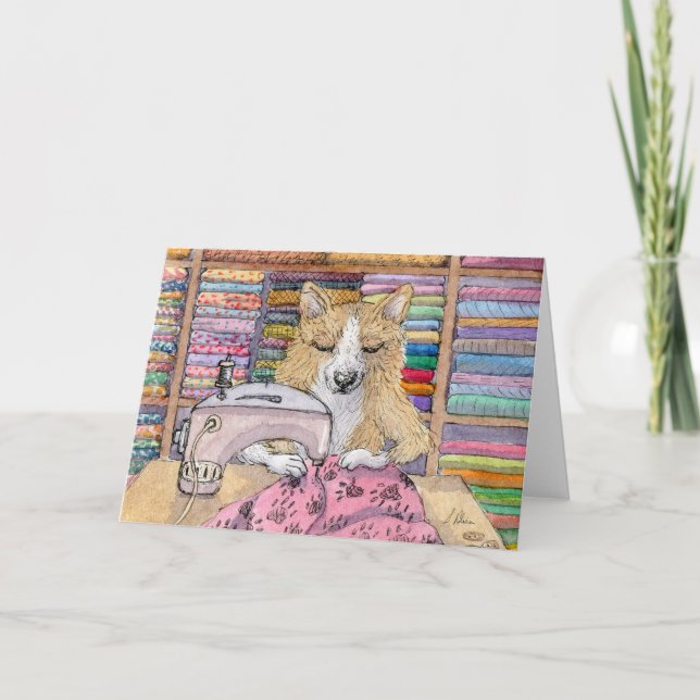 Corgi Dog, Sewing a Quilt, Blank Card (Front)