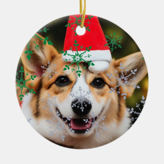 Corgi dog smiling christmas fun  ceramic tree decoration (Front)