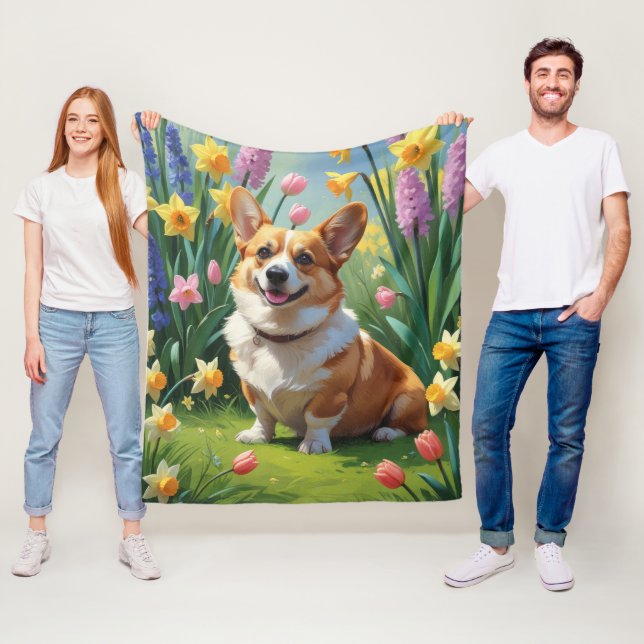 Corgi Dog Spring Flowers Painting  Fleece Blanket (In Situ)
