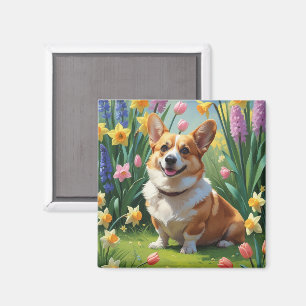 Corgi Dog Spring Flowers Painting Magnet
