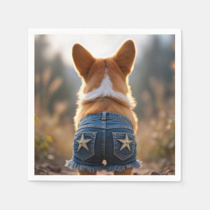 Corgi Dog Wearing Blue Frayed Denim Shorts Napkin