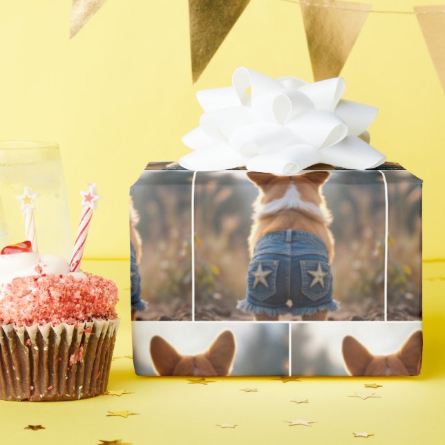 Corgi Dog Wearing Denim Shorts Wrapping Paper (Birthday Party)