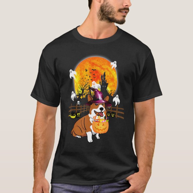 Corgi Dog Witch Halloween Pumpkin T-Shirt (Front)